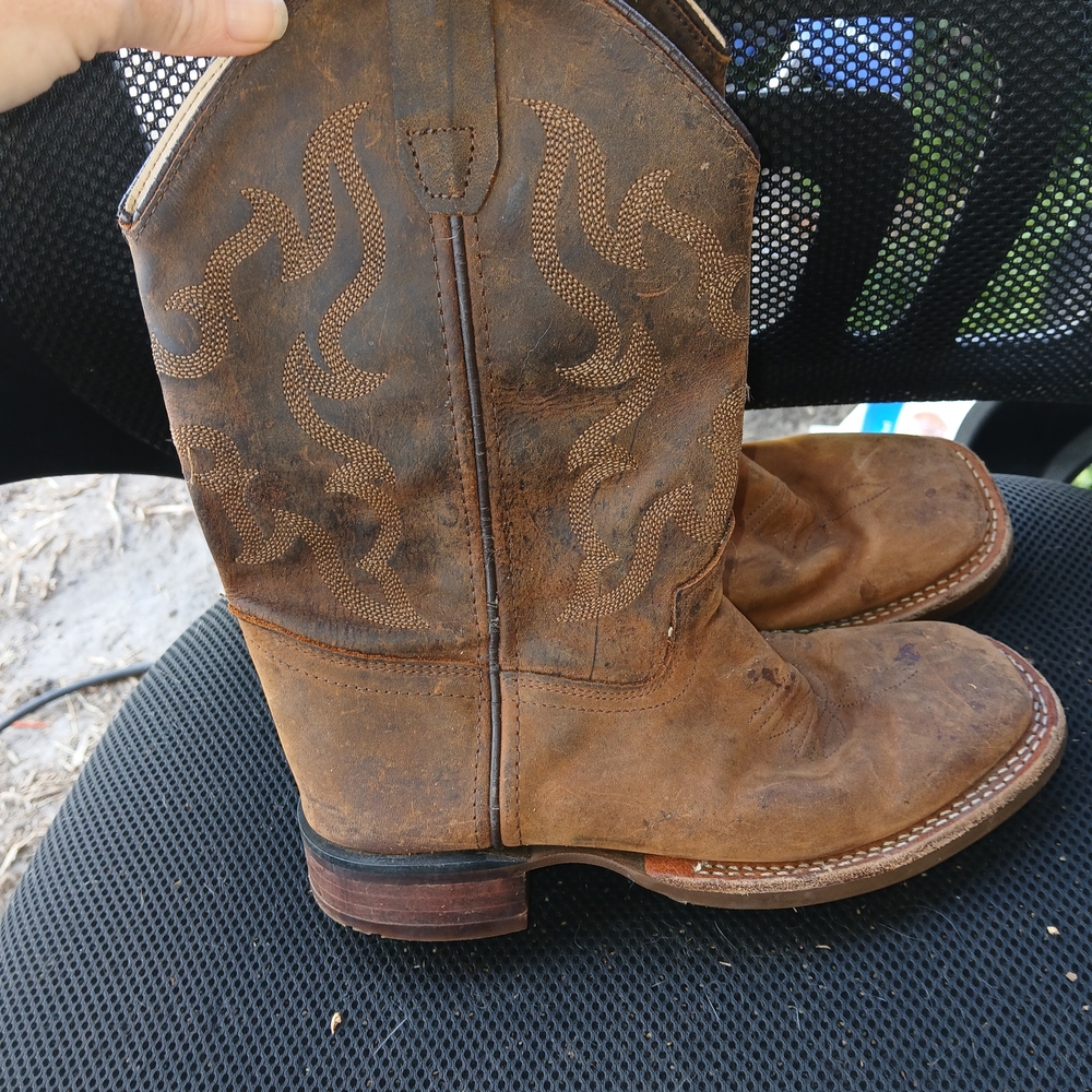 Old West Brown Kids Cowboy Boots with Embroidered Flame Stitching